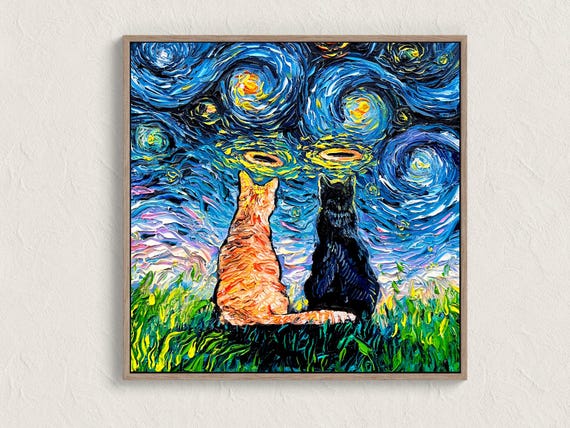 Cat Angels Starry Night Print Cat Memorial Art Wall Decor Cat Lover Gift Gallery Wall Art   by Aja Emotional Artwork Pet Parent Home Decor