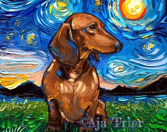 Brown Short haired Dachshund Starry Night dog Art CANVAS print by Aja choose canine cute pup adorable animal pet artwork wall art home decor