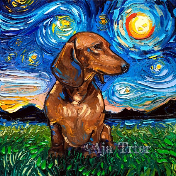 Brown Short haired Dachshund Starry Night dog Art CANVAS print by Aja choose canine cute pup adorable animal pet artwork wall art home decor