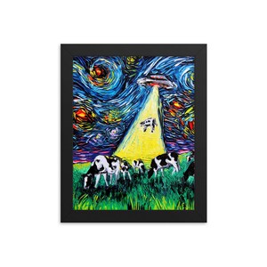 UFO Alien Abduction Framed Photo Paper Poster Funny Cow Art Starry Night Art Print by Aja choose size SHIPS WORLDWIDE