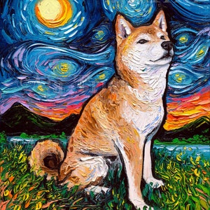 Shiba Inu Art CANVAS print Starry Night Ready to Hang wall decor artwork display by Aja animal home Shibe Artwork