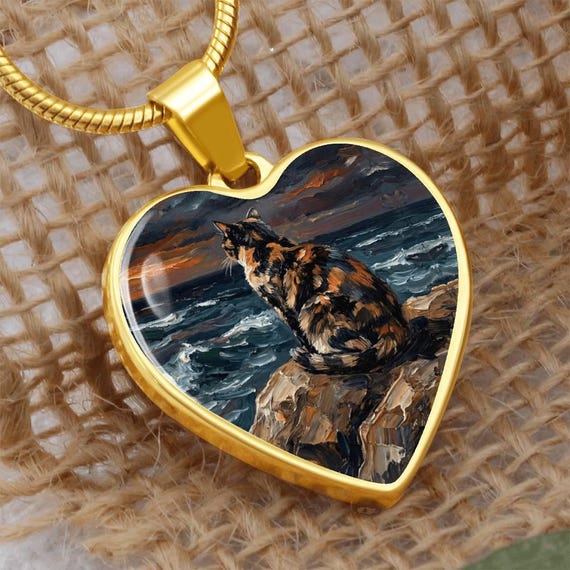 Tortoiseshell Cat Necklace - Tortie Heart Pendant, Beach Art