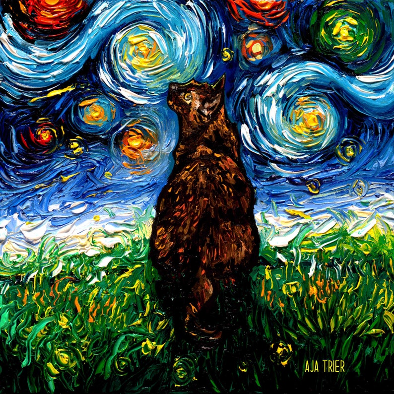 Starry Night Canvas Print Tortoiseshell Cat Art by artist Aja Trier of Sagittarius Gallery Tortie Cat Lover Gift