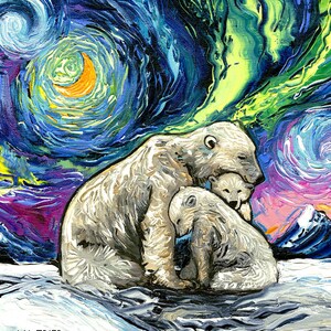 May include: A painting of a polar bear mother and two cubs under a swirling, colorful sky. The sky is a mix of blue, green, purple, and yellow, with a crescent moon visible. The bears are white and are huddled together for warmth. The painting is signed "AJA TRIER" in the bottom left corner.