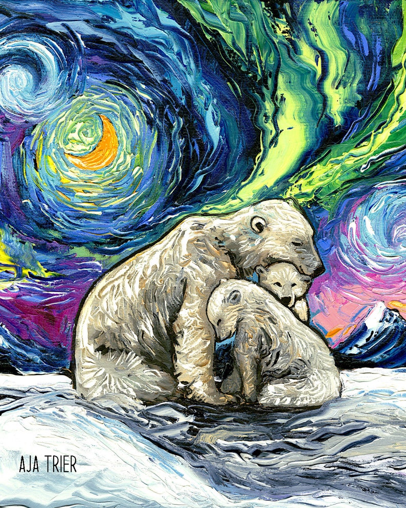 May include: A painting of a polar bear mother and two cubs under a swirling, colorful sky. The sky is a mix of blue, green, purple, and yellow, with a crescent moon visible. The bears are white and are huddled together for warmth. The painting is signed "AJA TRIER" in the bottom left corner.