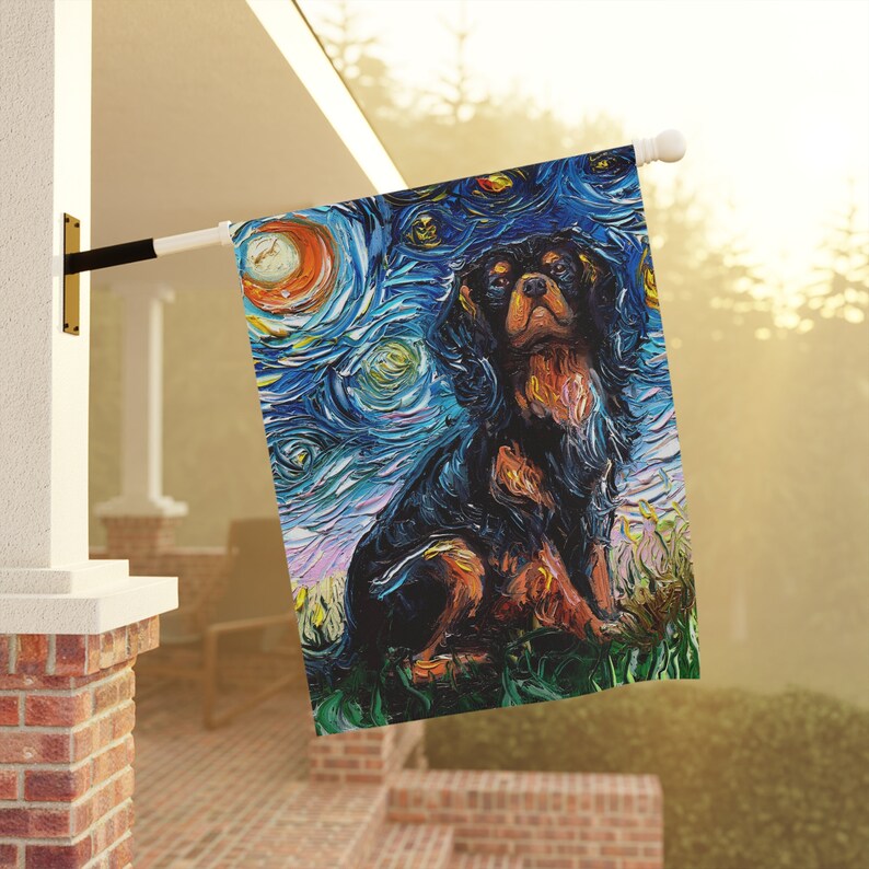 May include: A black and brown Cavalier King Charles Spaniel dog is painted in a starry night style. The dog is sitting and looking at the viewer. The background is a blue and purple sky with white stars.