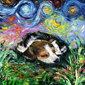 Sleeping Beagle Puppy Dog Art CANVAS print Starry Night Ready to Hang wall decor artwork display by Aja animal home Moon stars