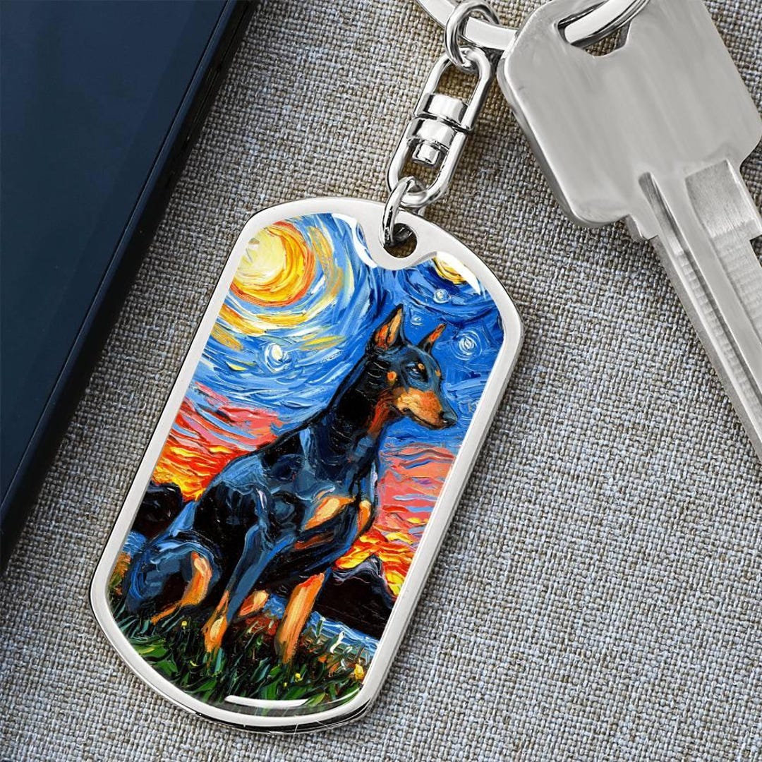 Doberman Pinscher Engraved Keychain Starry Night Dog Tag Personalized ...