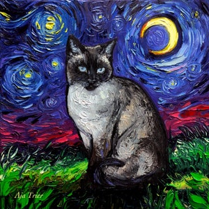 Siamese Cat Art Starry Night Art Print picture by Aja choose size and type of paper - Photo Paper or Watercolor Paper home decor