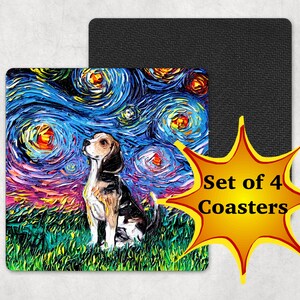 Coasters Set of 4 Square Beagle Starry Night Dog 4x4 inch anti-skid Neoprene rubber back and fabric top Art by Aja Pet Home Decor image 1