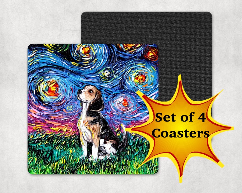 Coasters Set of 4 Square Beagle Starry Night Dog 4x4 inch anti-skid Neoprene rubber back and fabric top Art by Aja Pet Home Decor image 1