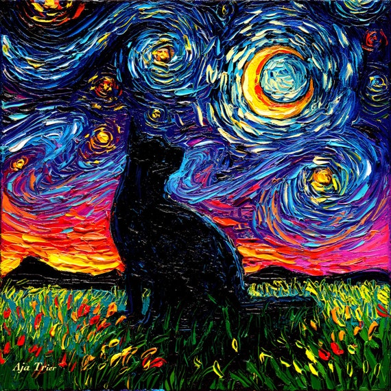 絵画 blackcat Black Cat Silhouette Art, Starry Night Canvas Print - Etsy