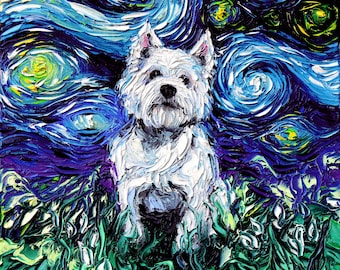 Westie Art Starry Night Art Print dog lover gift cute art pup puppy by Aja choose size and type of paper