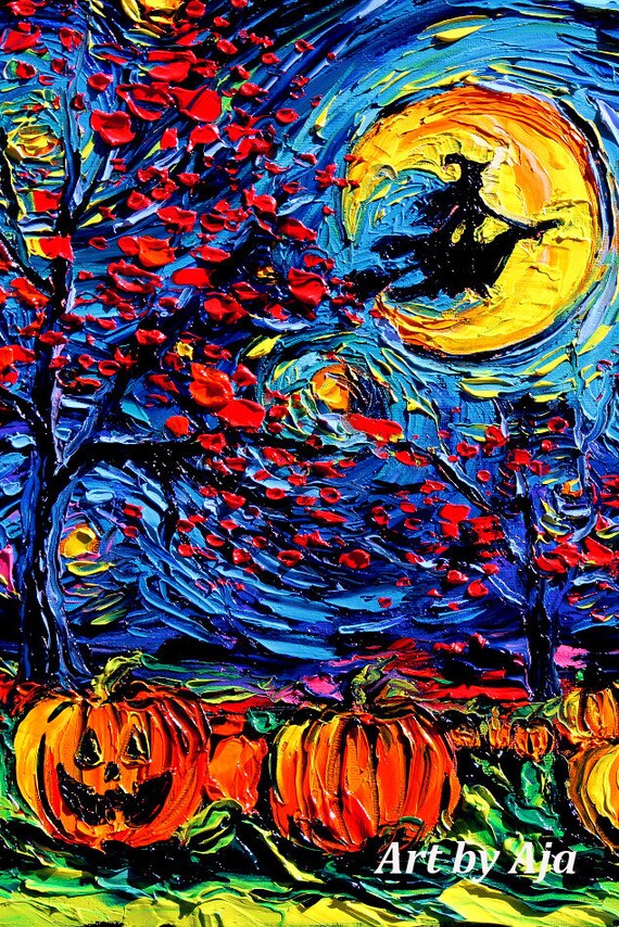 Starry Halloween  VERTICAL spooky Witch Jack O Lantern pumpkin print Starry Night by Aja 8x12 10x15 12x18 16x24 20x30 24x36 choose