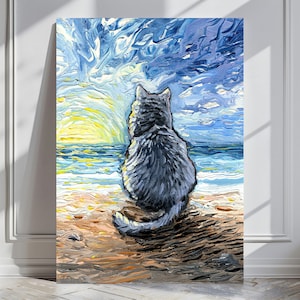 Nebelung Cat Sunset Beach Art Print by artist Aja Trier of Sagittarius Gallery