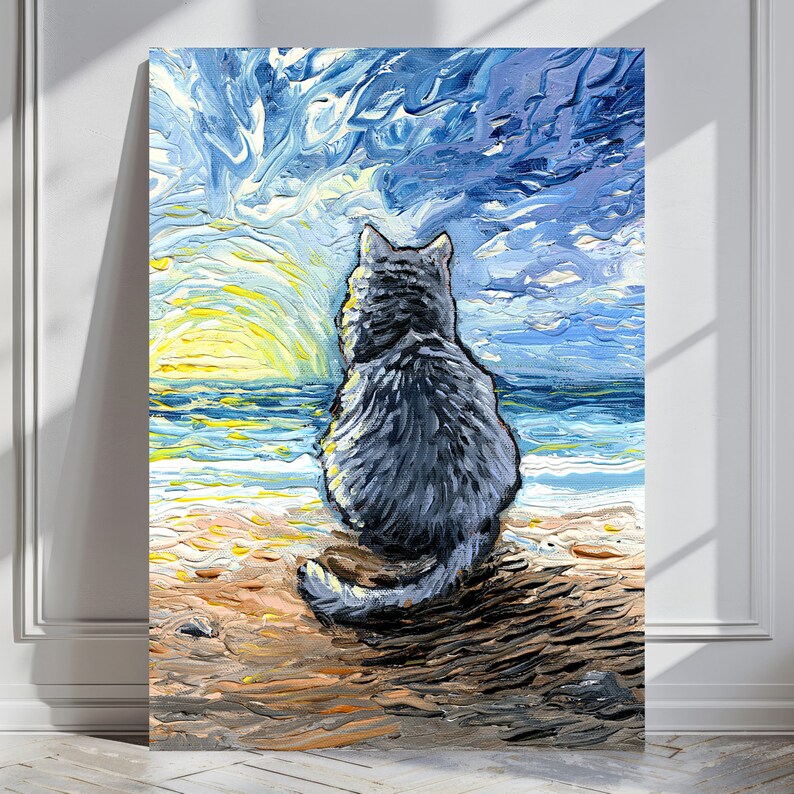 Nebelung Cat Sunset Beach Art Print by artist Aja Trier of Sagittarius Gallery