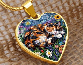 Calico Cat Floral Bohemian Art Necklace Custom Jewelry