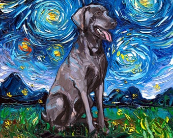Weimaraner Art Starry Night Art Print dog art by Aja choose size and type of paper pet owner pup artwork