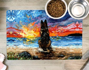 Pet Mat - Beach Days - German Shepherd Dog Feeding Mat Non-Slip Rubber 12x18 inches Art by Aja Printed in USA Home Decor