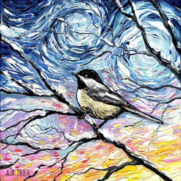 Chickadee Impressionist Winter Bird Art CANVAS print Ready to Hang wall decor artwork display by Aja home