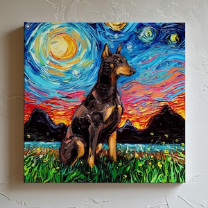Canvas Dog Art Red Doberman Pinscher Starry Night Print Dog Lover Gift Gallery Wall Art Impressionist Dog Mom Colorful Maximalist Home Decor