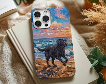 May include: A rectangular smartphone case featuring an impressionistic oil painting style print of a black Labrador dog standing on a sandy beach. The background depicts a vibrant sunset sky with orange and blue hues above ocean waves.