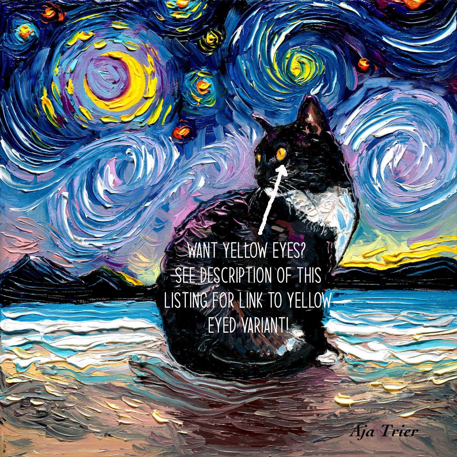 Green Eyes and White up Nose Tuxedo Cat on Beach Starry Night Art