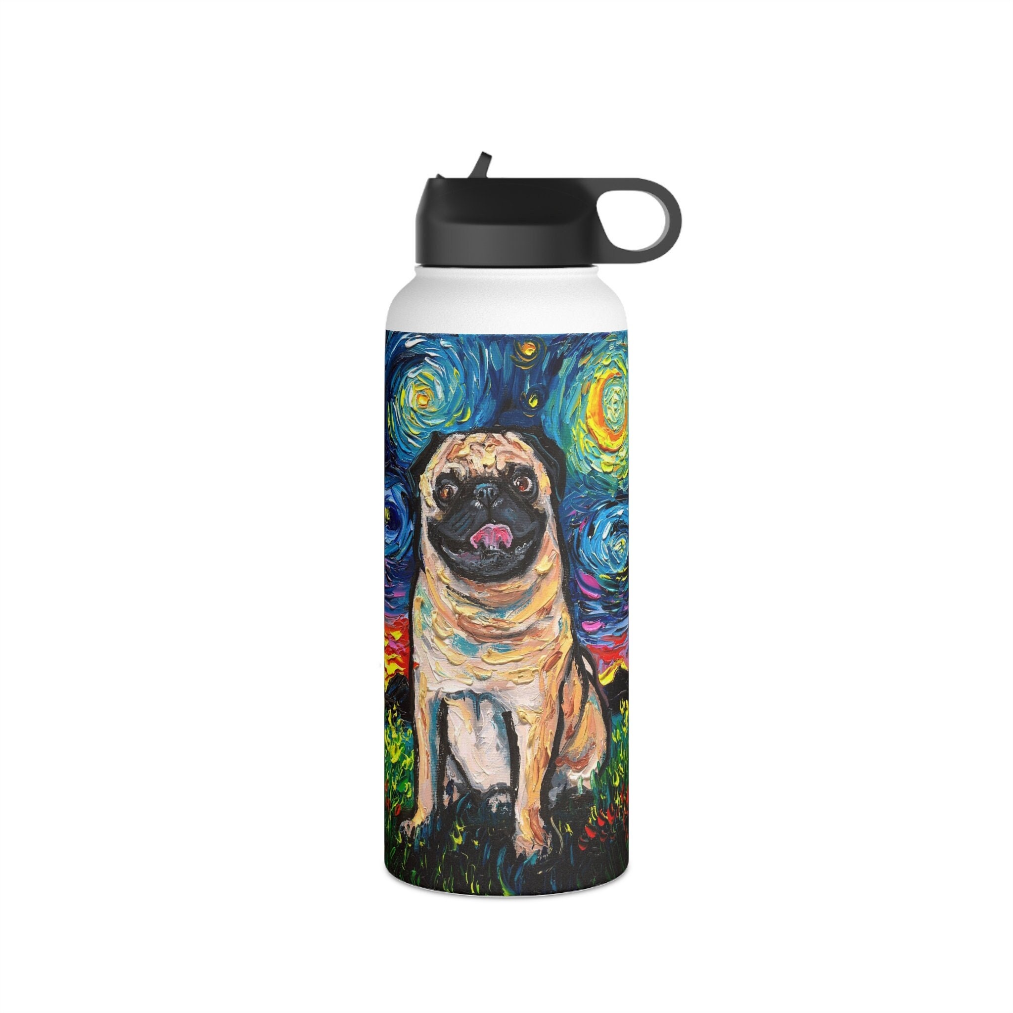 Stainless Steel Water Bottle with Standard Lid - Fawn Pug Starry Night Dog Art by Aja Choose from 3 sizes