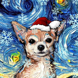 Download digital Cachorro Chihuahua Tan com chapéu de Papai Noel Arte da Noite Estrelada por Aja Arquivo PNG para imprimir seu próprio enfeite de Natal / cartões comemorativos