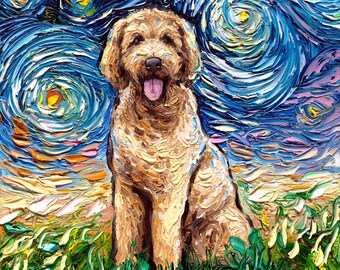 Goldendoodle Art Starry Night Art Print dog art by Aja choose size and type of paper pet owner pup artwork Doodle dog fluffy