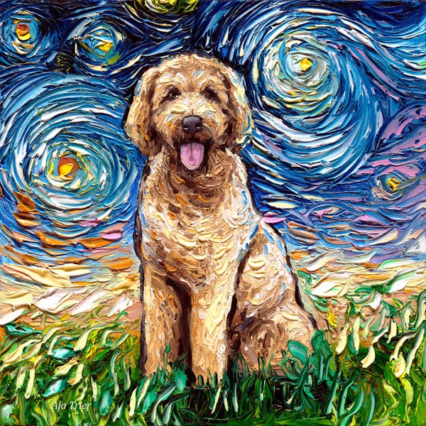 Goldendoodle Art Starry Night Art Print dog art by Aja choose size and type of paper pet owner pup artwork Doodle dog fluffy