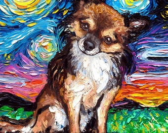 May include: A painting of a brown and white chihuahua dog sitting in a field of green grass. The background is a swirling blue and yellow sky with a bright yellow sun. The painting is in a style reminiscent of Vincent van Gogh's "Starry Night."