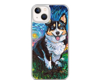 Tricolor Corgi Night iPhone Case Dog Lover Phone Protector Starry Night Art by Aja