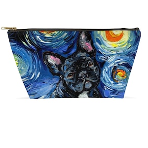 Black And White French Bulldog Frenchie Starry Night Art Accessory Pouch With TBottom Stand Up Travel / Makeup Bag Choose Size