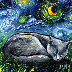 Sleeping Russian Blue Cat Starry Night Art Print picture by Aja choose size, Photo Paper Watercolor Paper artwork home decor pet kitty moon image 2