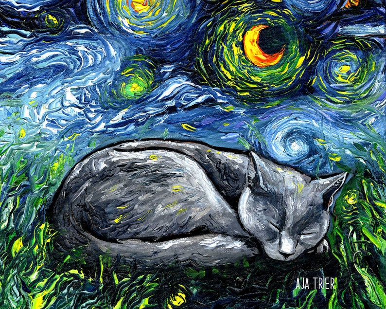 Sleeping Russian Blue Cat Starry Night Art Print picture by Aja choose size, Photo Paper Watercolor Paper artwork home decor pet kitty moon image 2