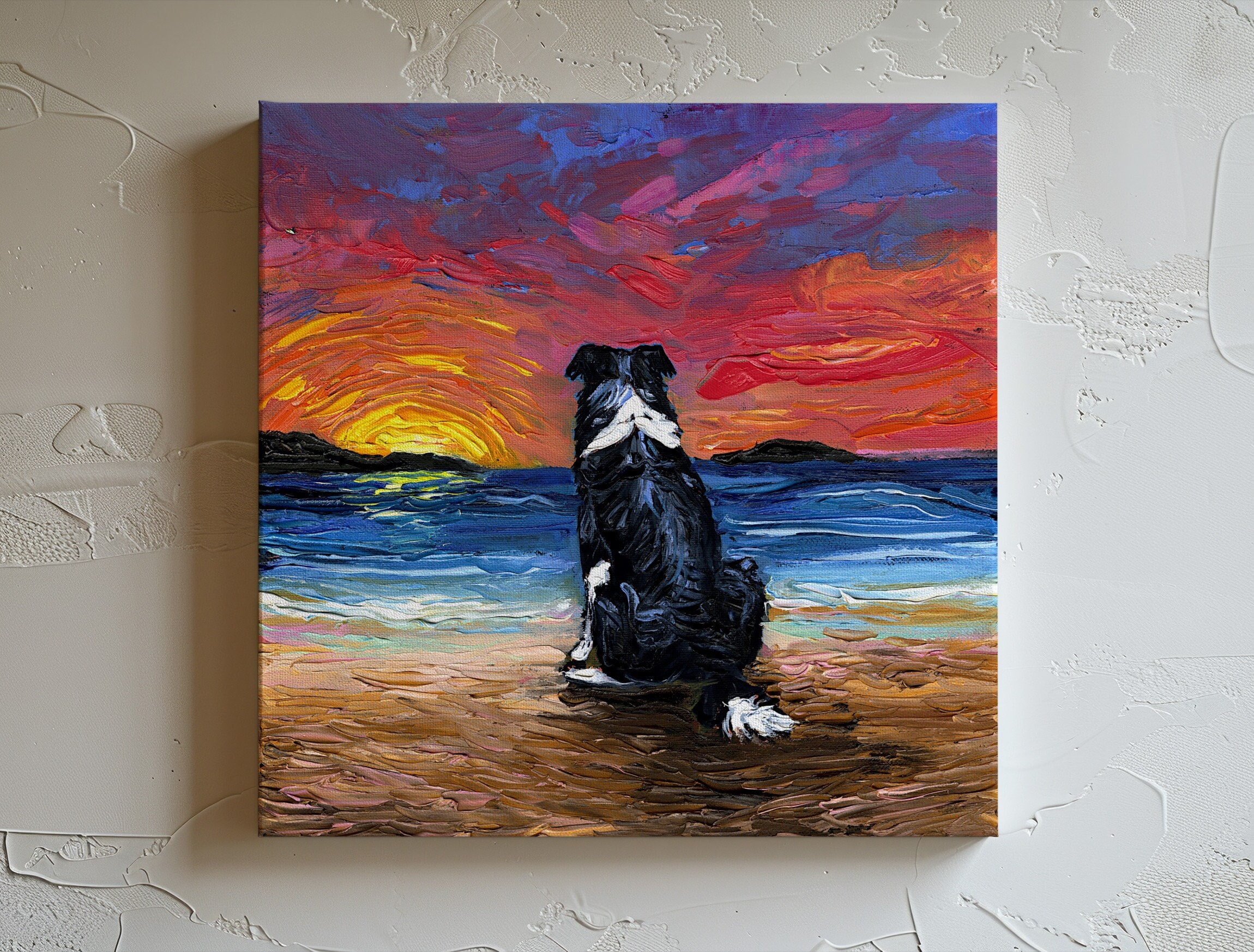 カレンホスピティング作犬と街 版画 高島屋購入【直筆サイン＆イラスト入り】④ Border Collie Sunset Beach Canvas Print, Dog Lover Coastal Wall