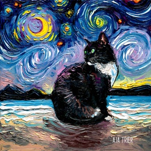 Green Eyes Tuxedo Cat on Beach Starry Night Art Print by Aja choose size and type of paper - Photo Paper or Watercolor Paper home decor