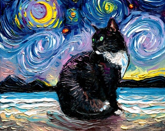 Green Eyes Tuxedo Cat on Beach Starry Night Art Print by Aja choose size and type of paper - Photo Paper or Watercolor Paper home decor