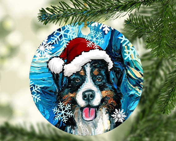 Bernese Mountain Dog In Santa Hat Art Christmas Ornament Printed On Both Sides Ceramic Holiday Heirloom Keepsake Tree Decoration