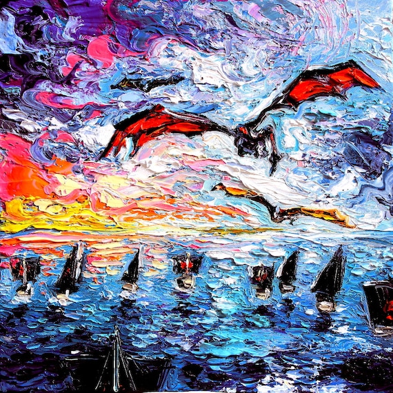 Flying Dragon Silhouette Smaug Fantasy Colorful Wall Art Print Home Decor By Aja