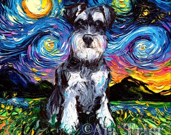 Schnauzer Art Starry Night Art Print dog picture by Aja choose size and type of paper - Photo Paper or Watercolor Paper artwork home decor