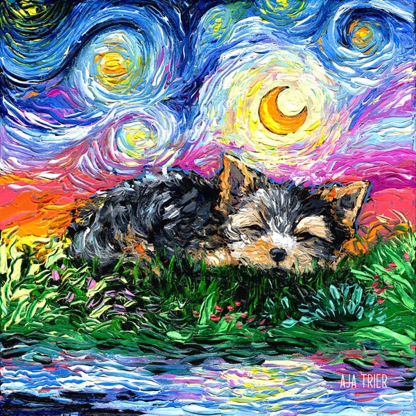 Sleeping Yorkie Yorkshire Terrier Puppy Starry Night Dog Art CANVAS print by Aja choose size cute pup Pet Memorial Moon