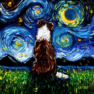 Red and white Border Collie Back Art Starry Night Art Print dog picture by Aja choose size and type of paper Photo Paper or Watercolor Paper