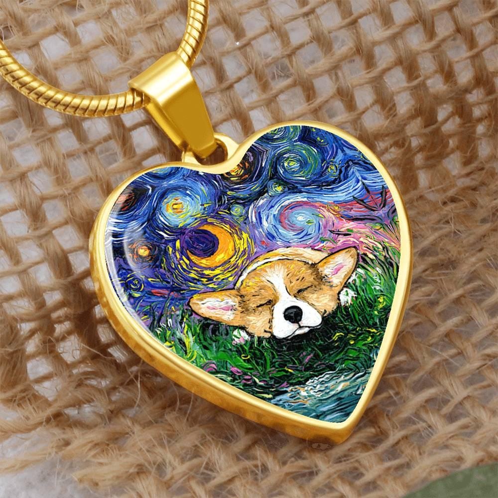 Dog Heart Necklace Corgi Pendant Gold or Silver Jewelry Engraved Starry Night Dog Personalized Sleeping Corgi Memorial Puppy Dog Lover Gift