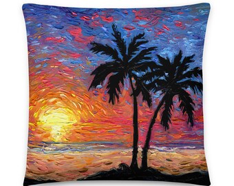 Paradise at Dusk Basic Throw Pillow with insert Art by Aja Coastal Beach Palm Trees Sunset home decor