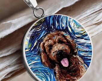 Halsband med Starry Night Goldendoodle, graverat husdjursminneshänge