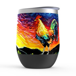 Rooster Sunrise Starry Night Stemless Wine Tumblers Cup With Lid Unique Gift Barware Wine Glass Home Goods Drinkware By Aja Farm Animal Art