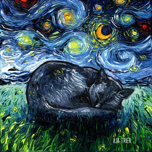 Sleeping Black Cat Art CANVAS print Starry Night Ready to Hang wall decor artwork display by Aja animal home kitty memorial