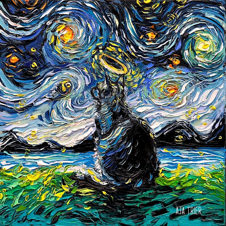 May include: A black cat sits in front of a swirling blue and yellow sky reminiscent of Vincent van Gogh's Starry Night. The cat is looking up at the sky, and the painting is signed "AJA TRIER" in the bottom right corner.